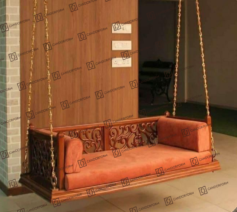 Ornately Carved Wooden Hanging Swing with Cushions