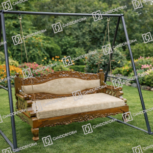 Traditional Hand-Carved Wooden Swing with Cushioned Seat