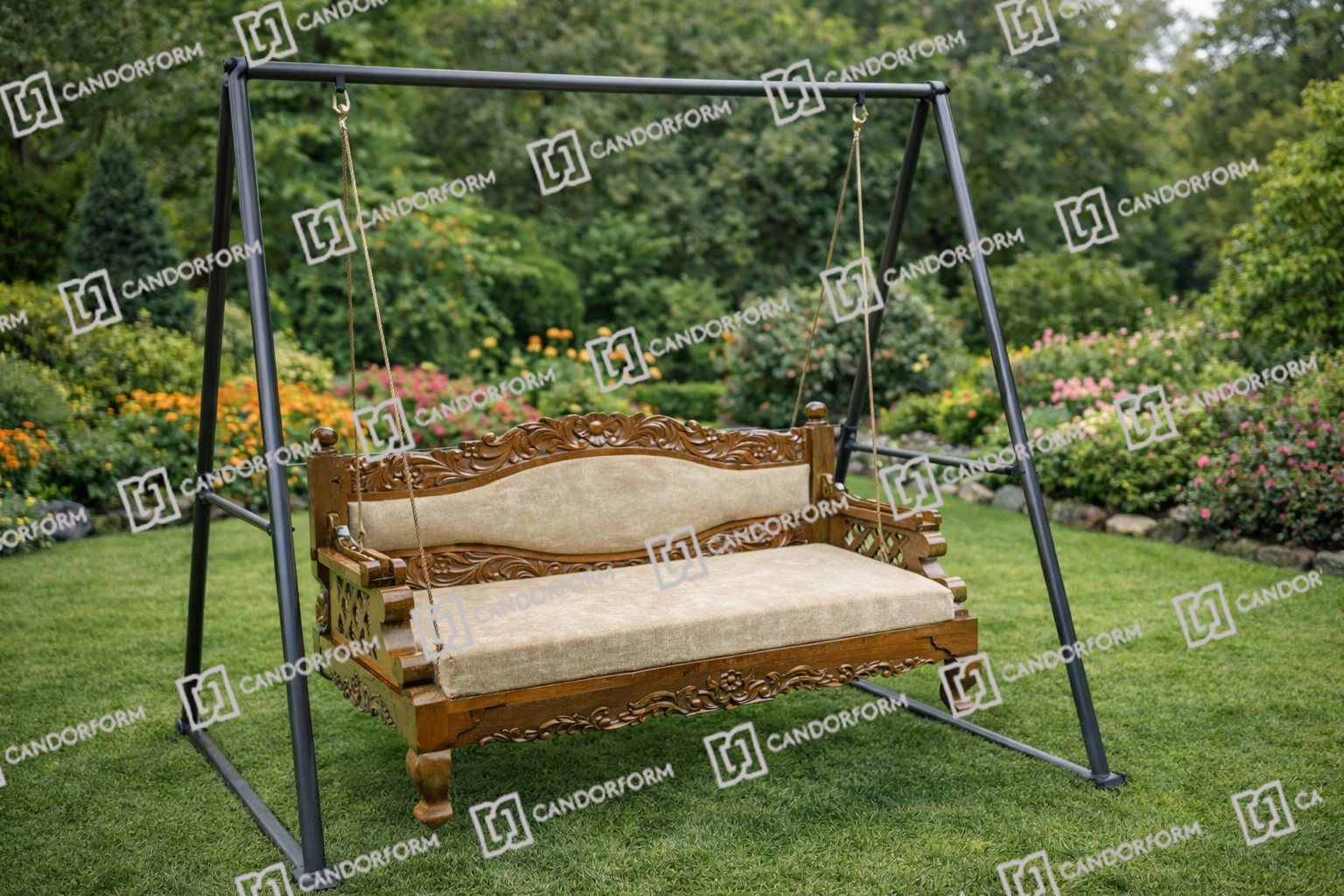 Traditional Hand-Carved Wooden Swing with Cushioned Seat