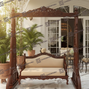 Ornately Carved Wooden Swing Sofa with Cushioned Seat