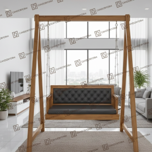 Solid Wooden Hanging Swing Sofa with Grey Cushions