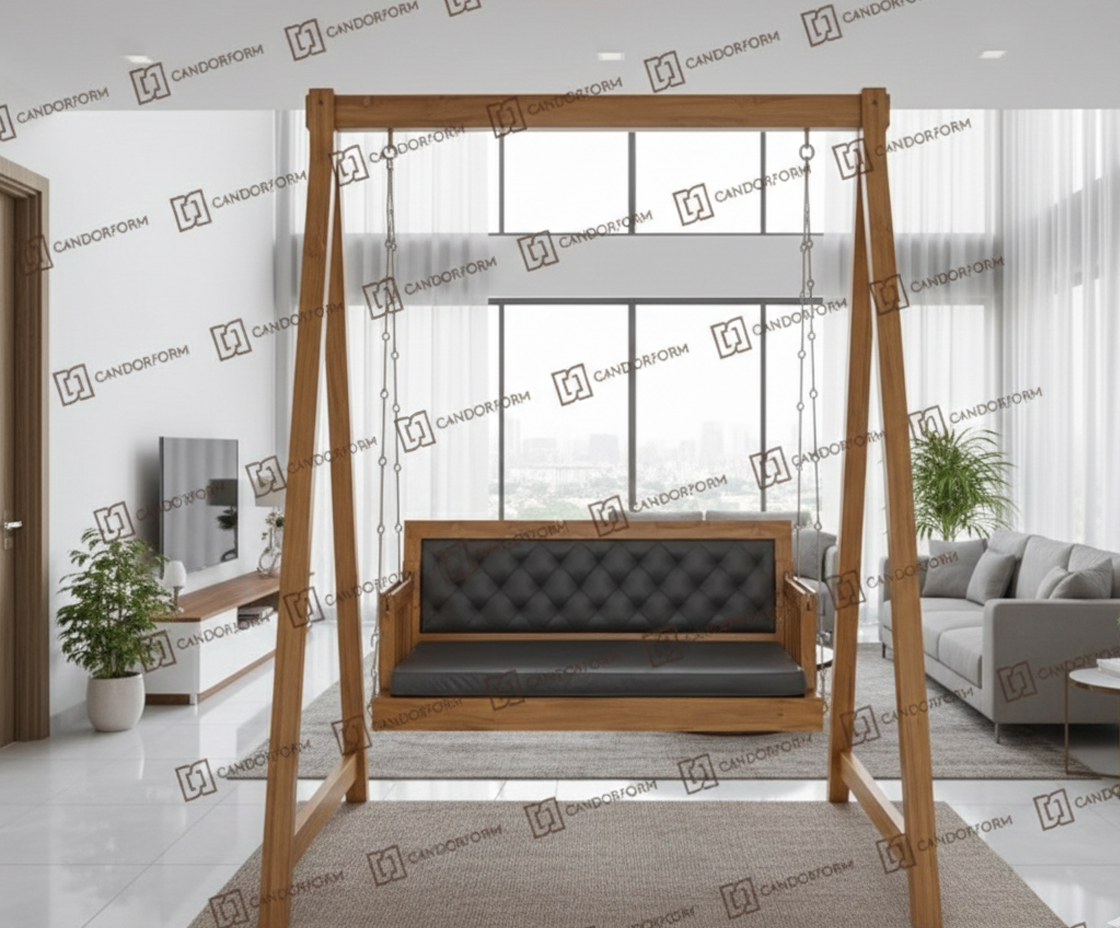 Solid Wooden Hanging Swing Sofa with Grey Cushions