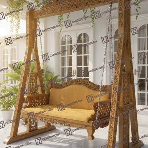 Ornately Wooden Hanging Swing Sofa with Mustard Cushions