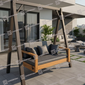 Modern Wooden Hanging Swing Sofa with Grey Cushions
