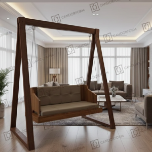 Modern Wooden Hanging Swing Sofa with Grey Cushions