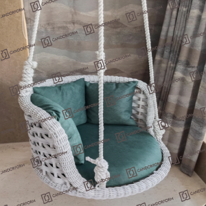 White Wicker Hanging Swing Chair with Teal Cushions