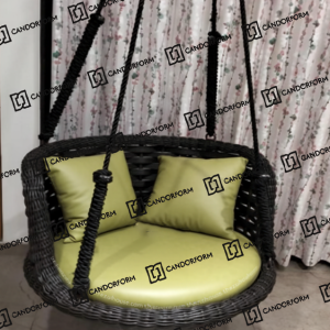 Black Wicker Hanging Swing Chair with Light Green Cushions