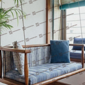 Minimalist Wooden Sofa with Blue Cushions