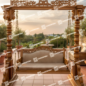 Ornately Carved Traditional Wooden Jhoola with Canopy Frame